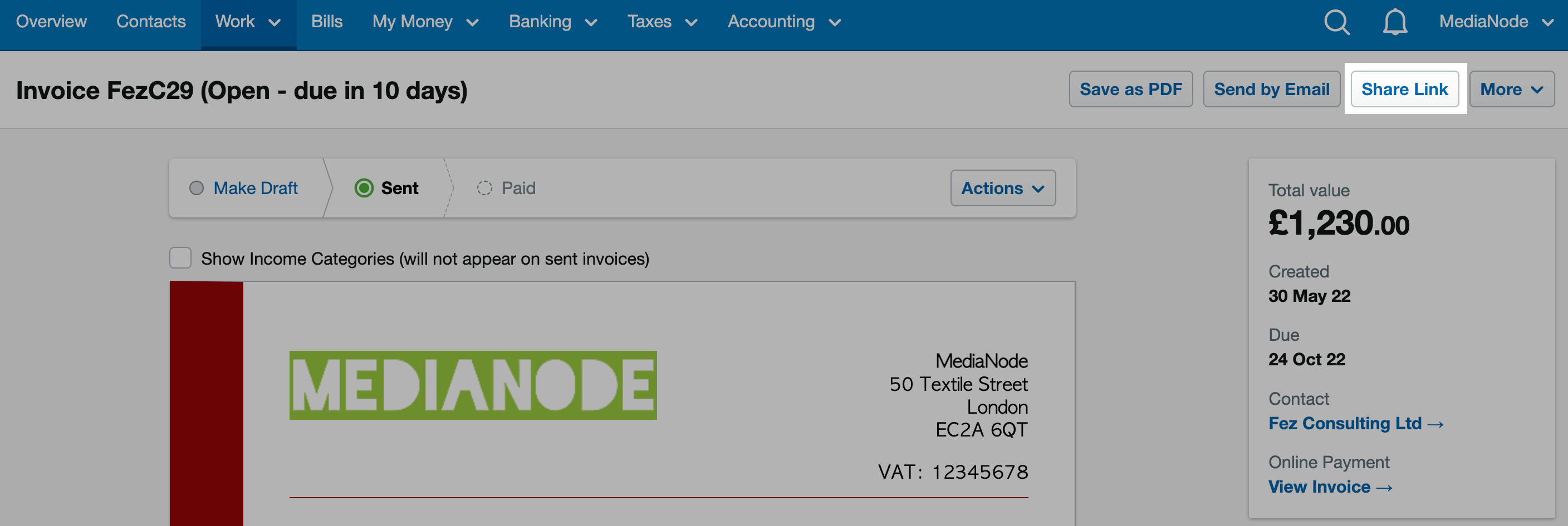 Screenshot of the invoice with the 'Share link' button highlighted
