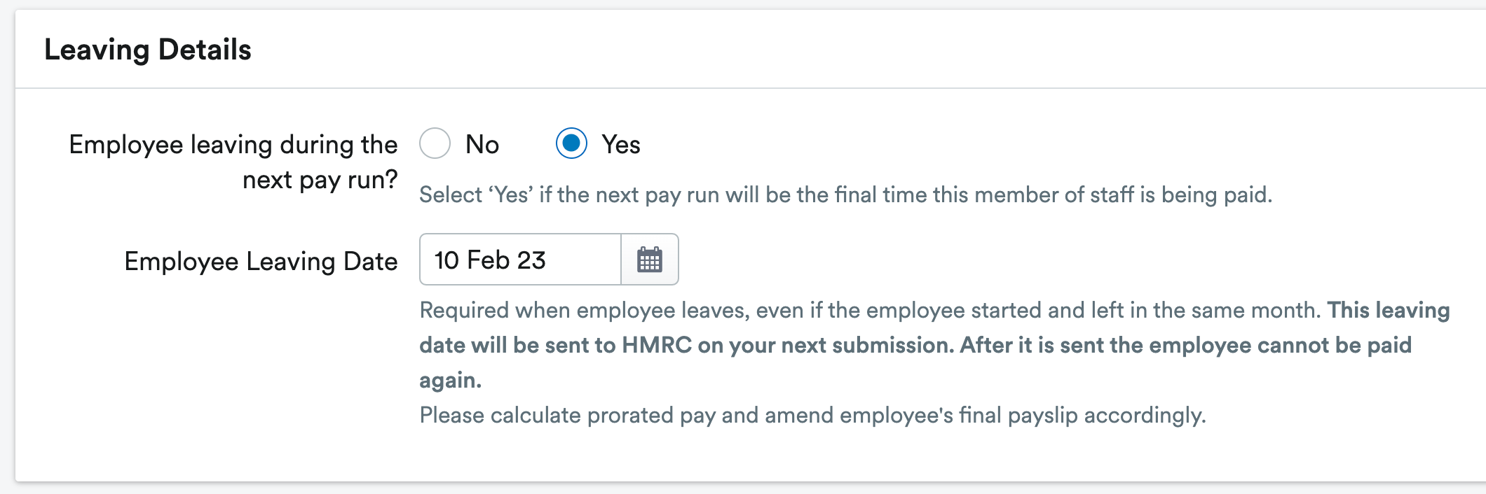 Leaving details area to input leaving date and if they are leaving during next pay run.