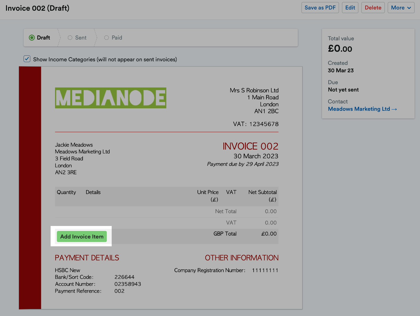 'Add Invoice Item' button highlighted on Invoice.