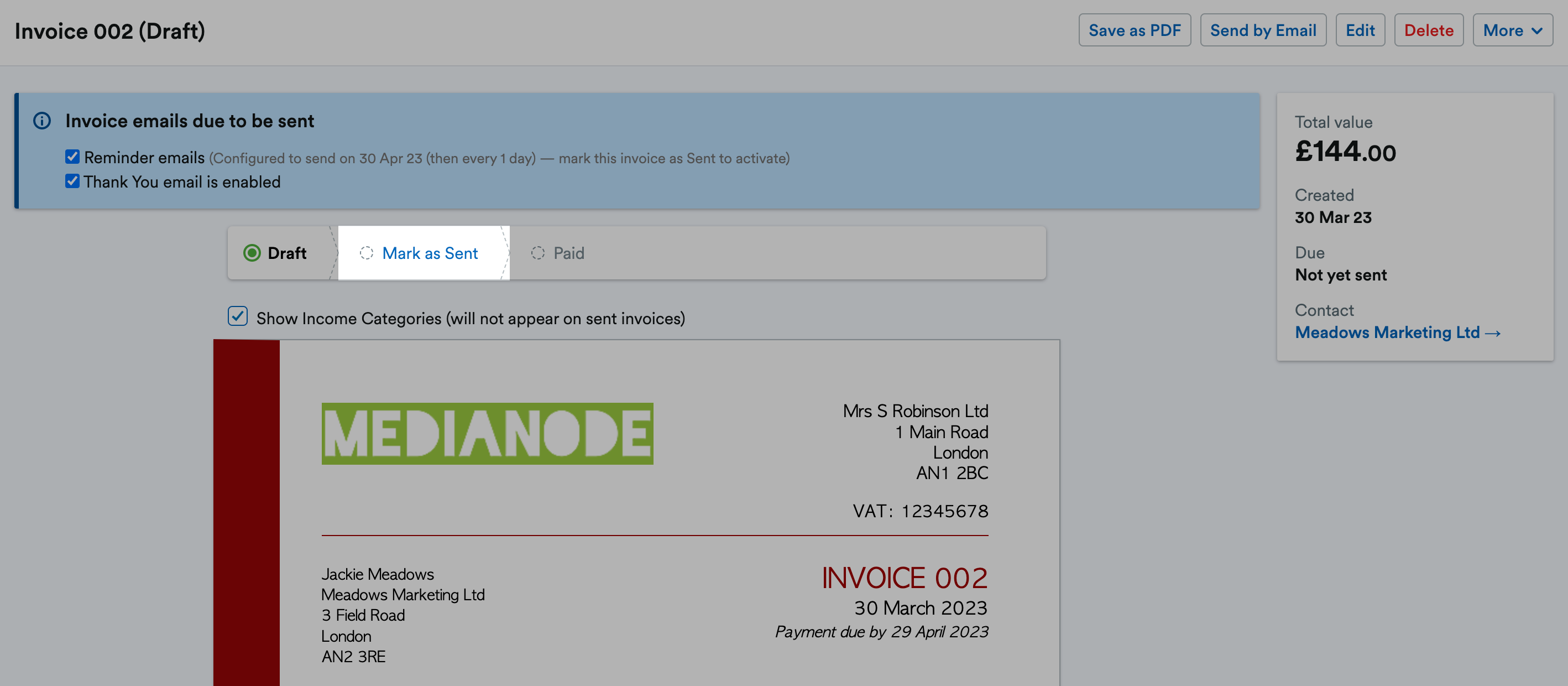 'Mark as Sent' button highlighted at top of invoice.