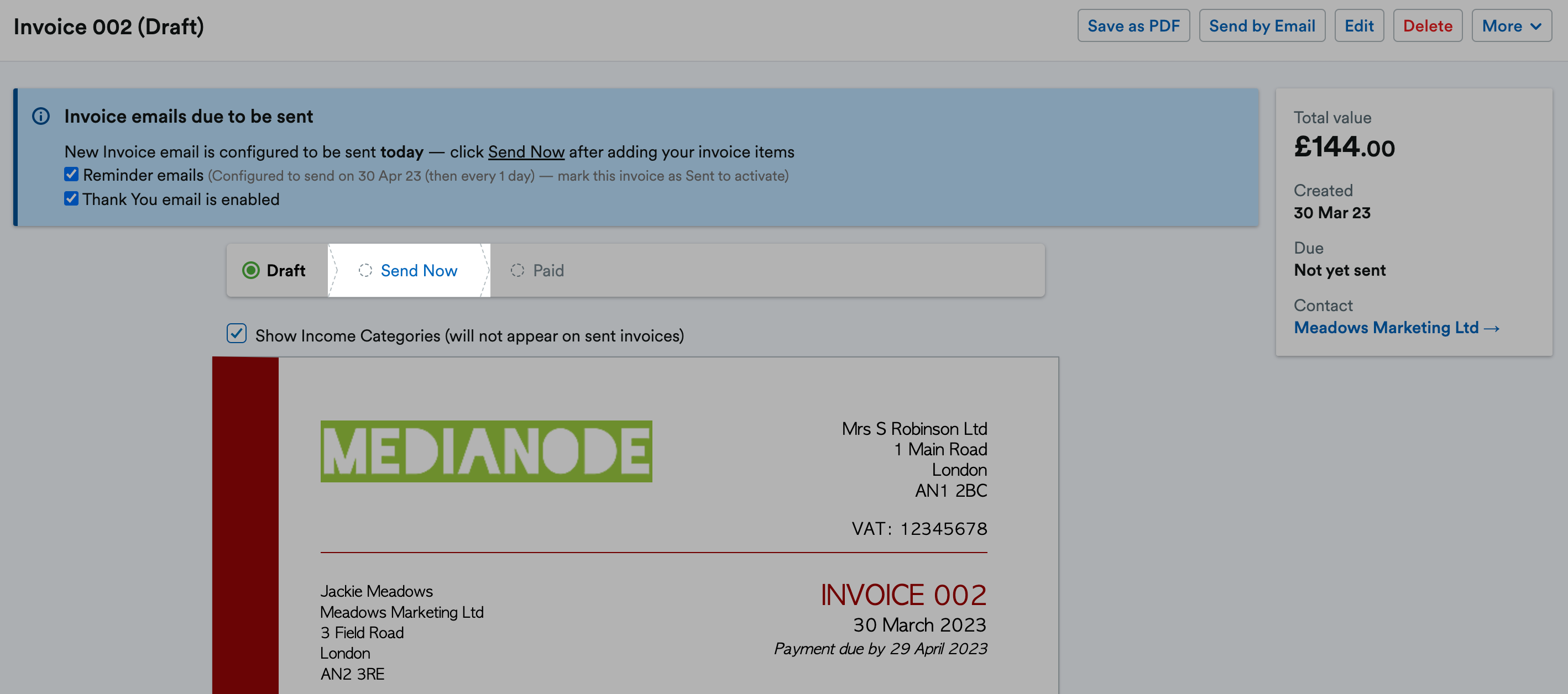 'Send Now' button highlighted at top of Invoice.