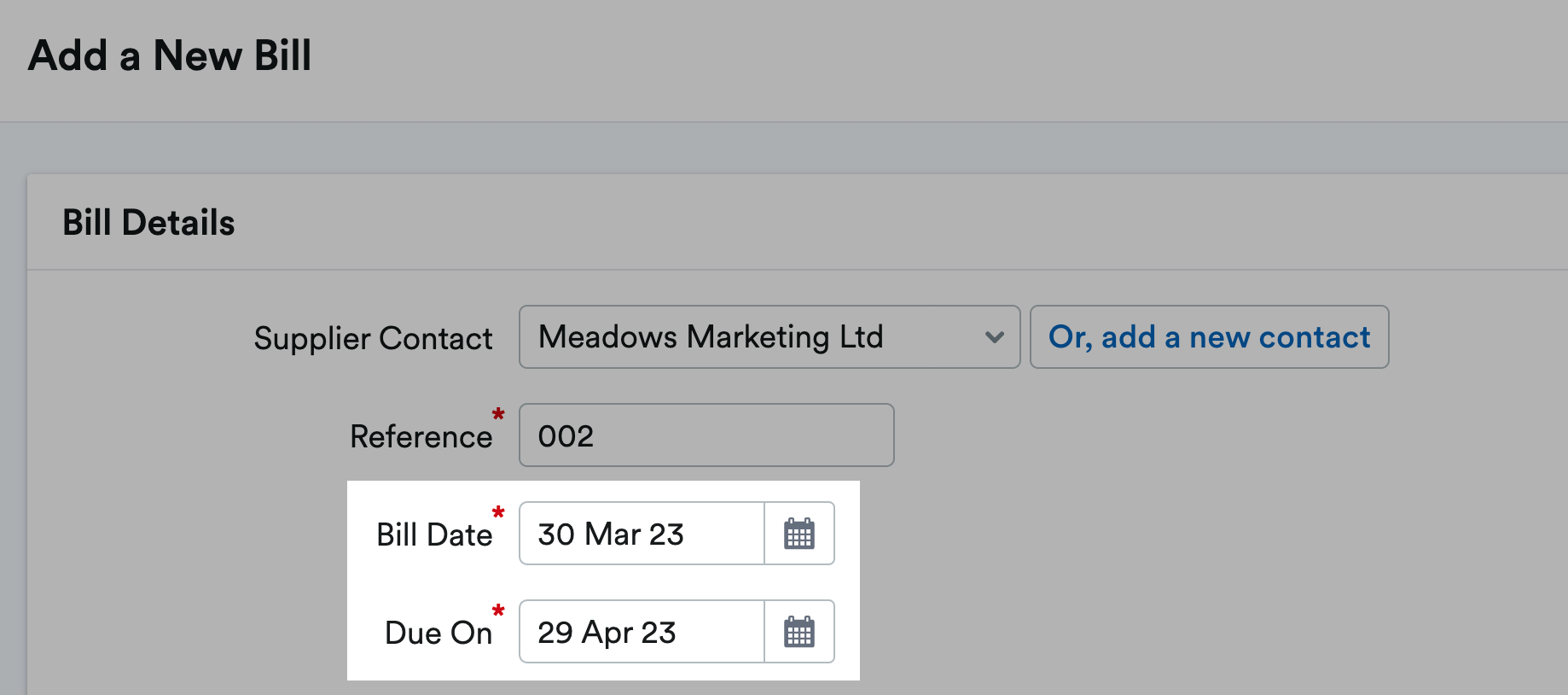 Screenshot with the Bill Date and Due On fields highlighted