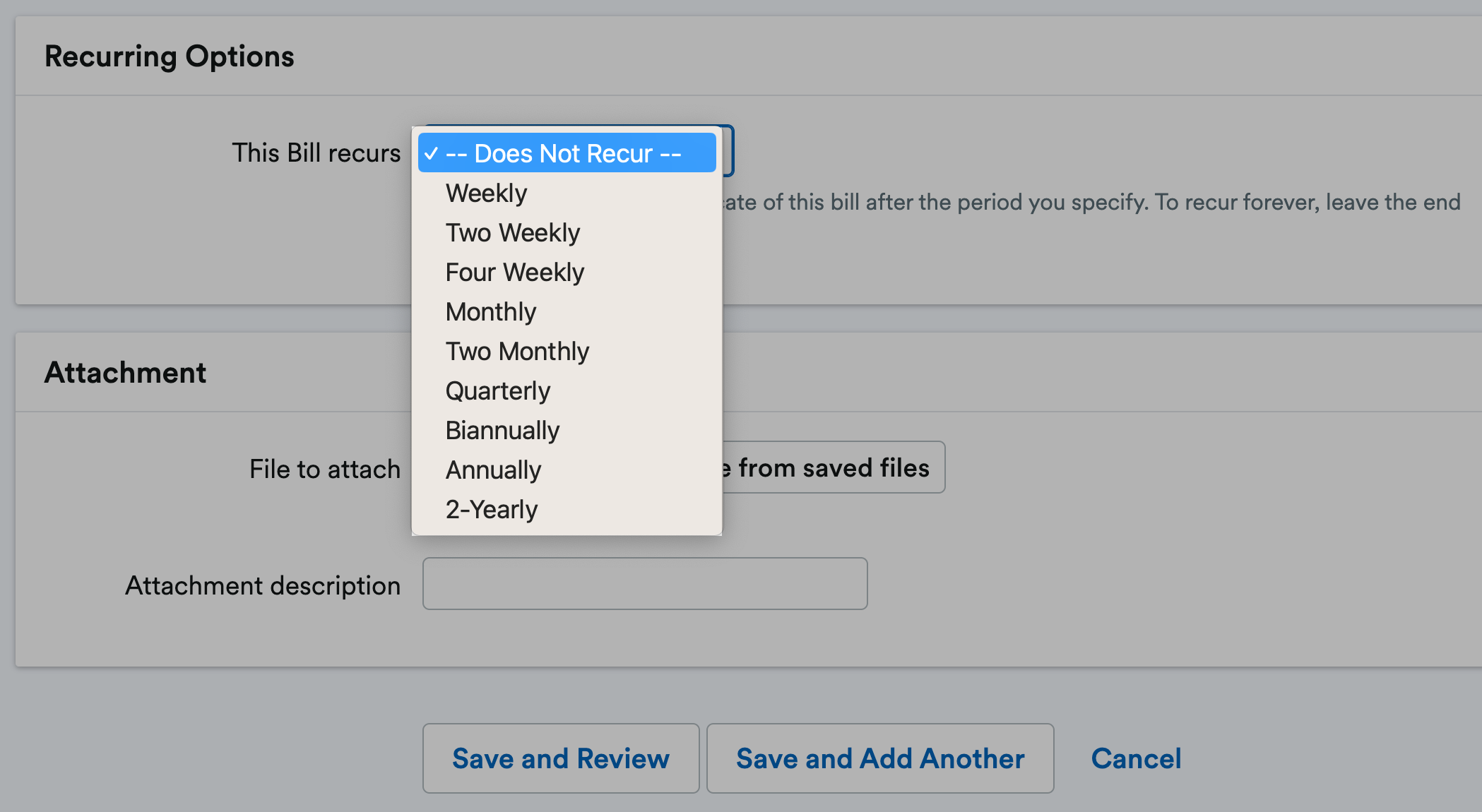 Screenshot with the Recurring options drop-down highlighted