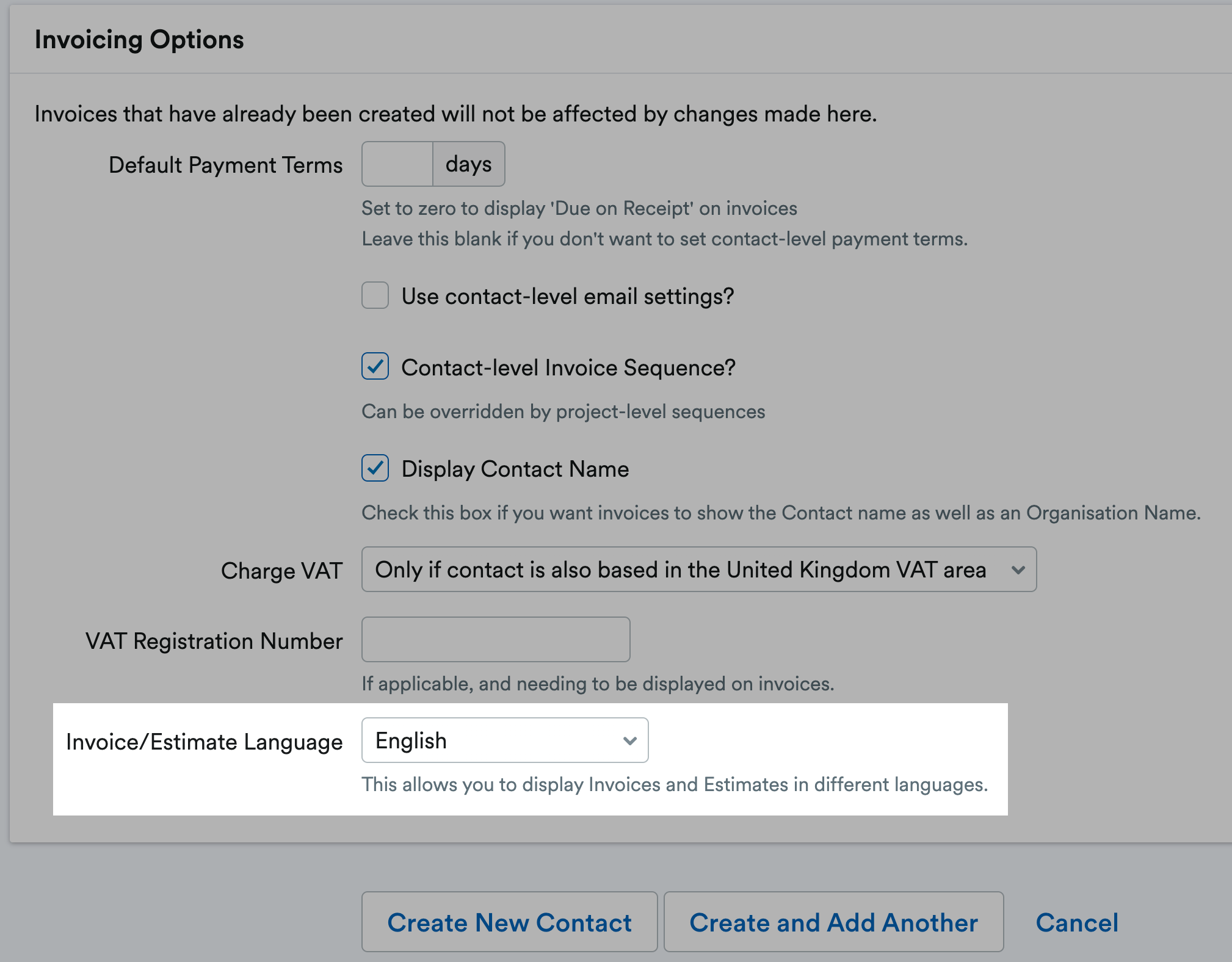 Invoice/Estimate language option highlighted in the Invoicing Options section