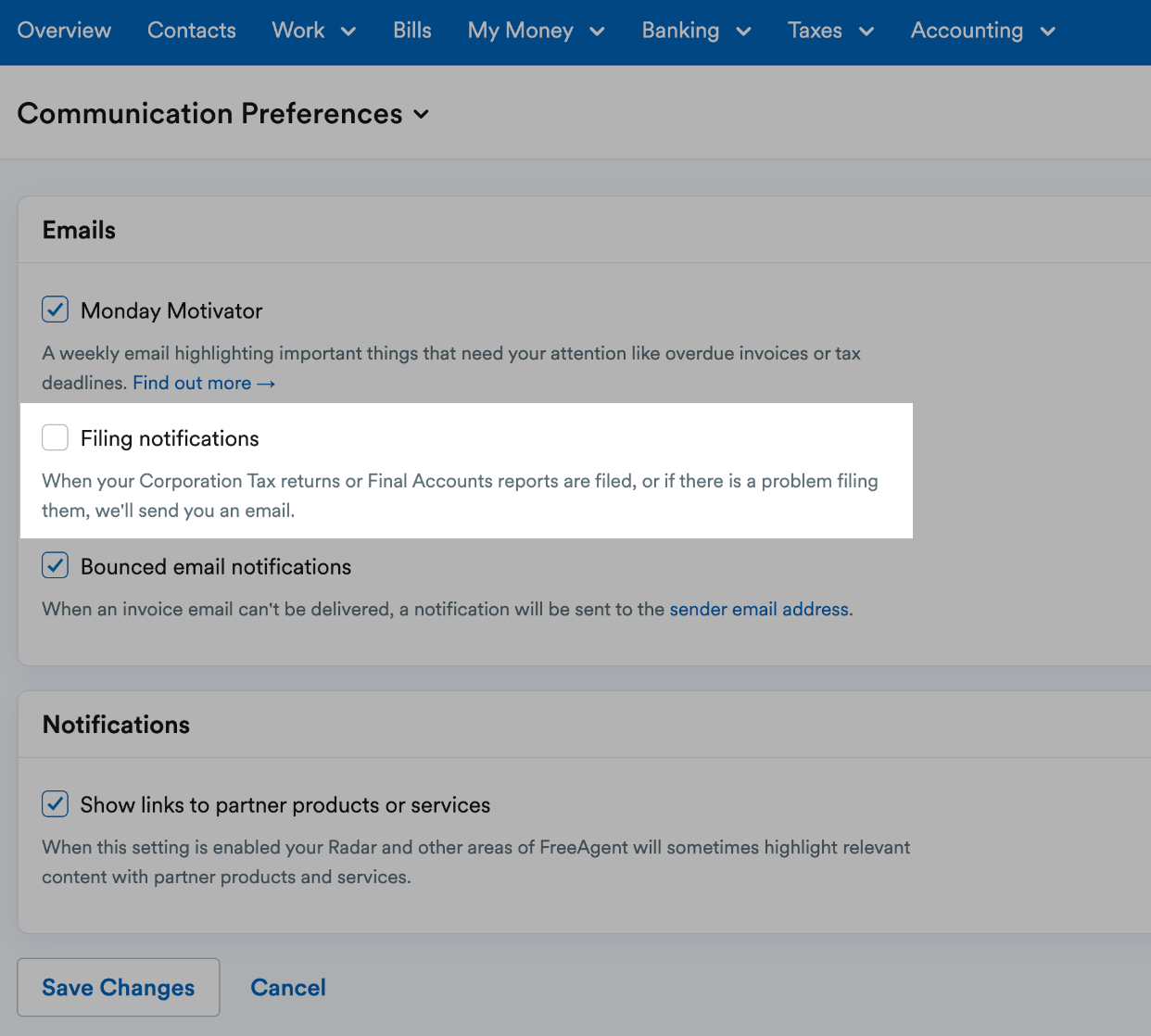 Filing notifications box highlighted on Communication Preferences page.