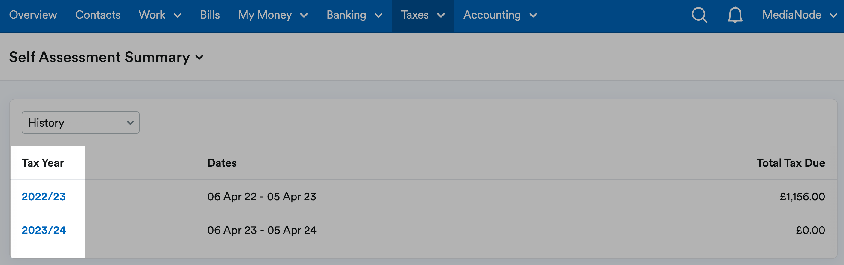 Tax year column highlighted on Self Assessment Summary page.