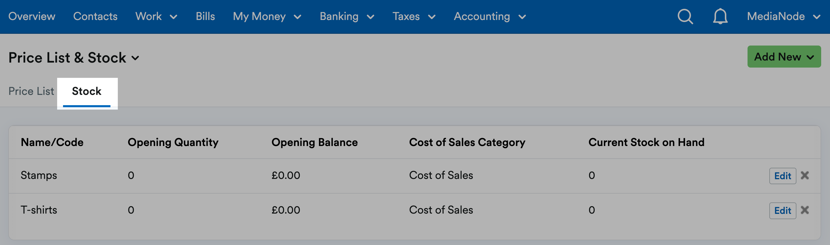 Stock tab highlighted at top of Price List and Stock page.
