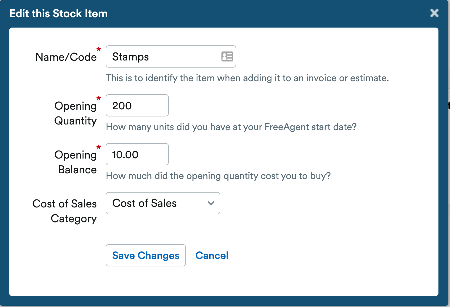 Edit this Stock Item pop up window.