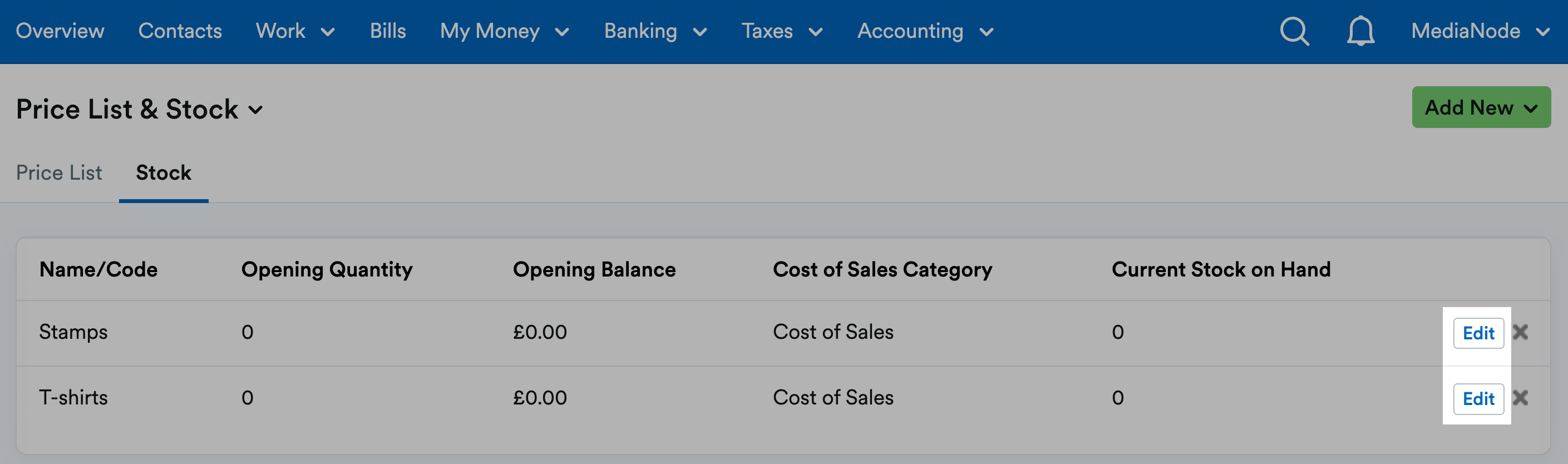 ‘Edit’ button highlighted next to listed stock items.