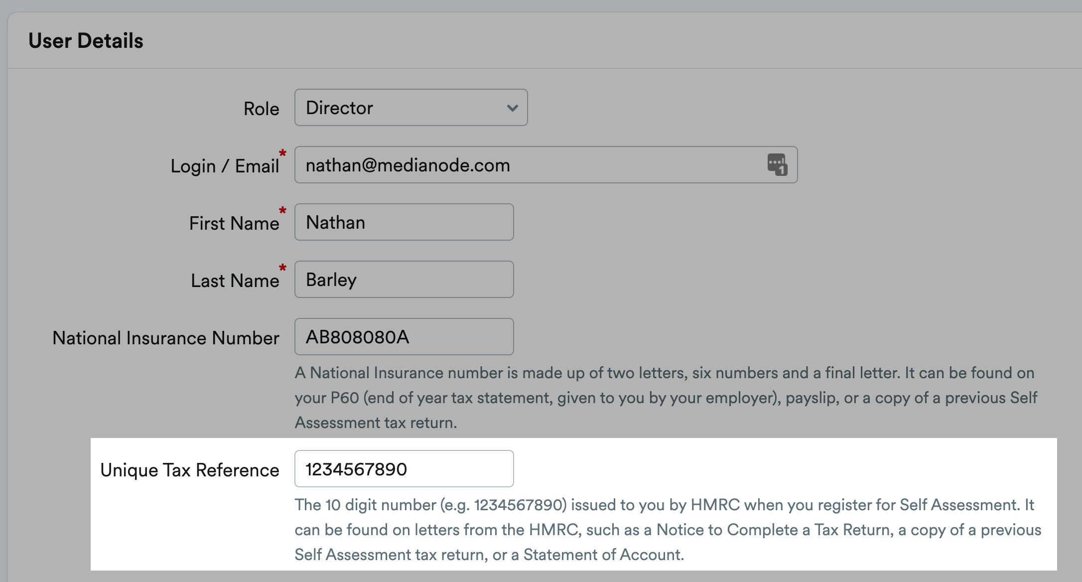 Example Unique Tax Reference highlighted on the User Details page.