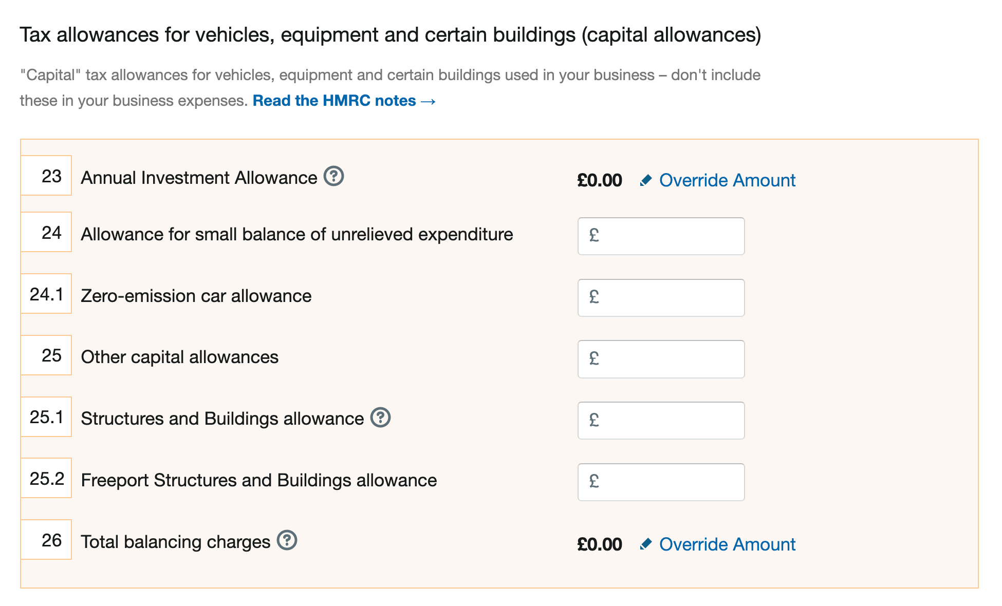 Capital Allowances section of Self-employment form