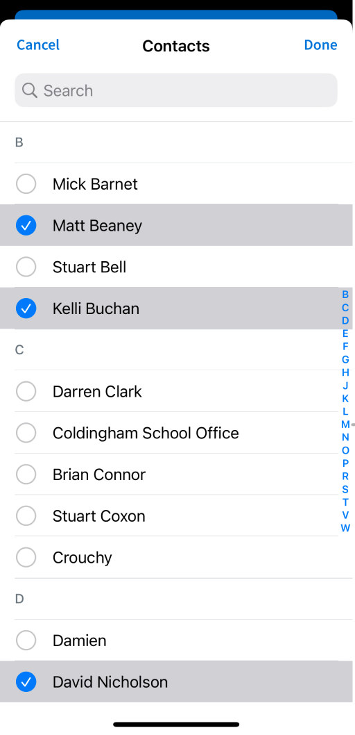 List of contacts with multiple contacts selected.