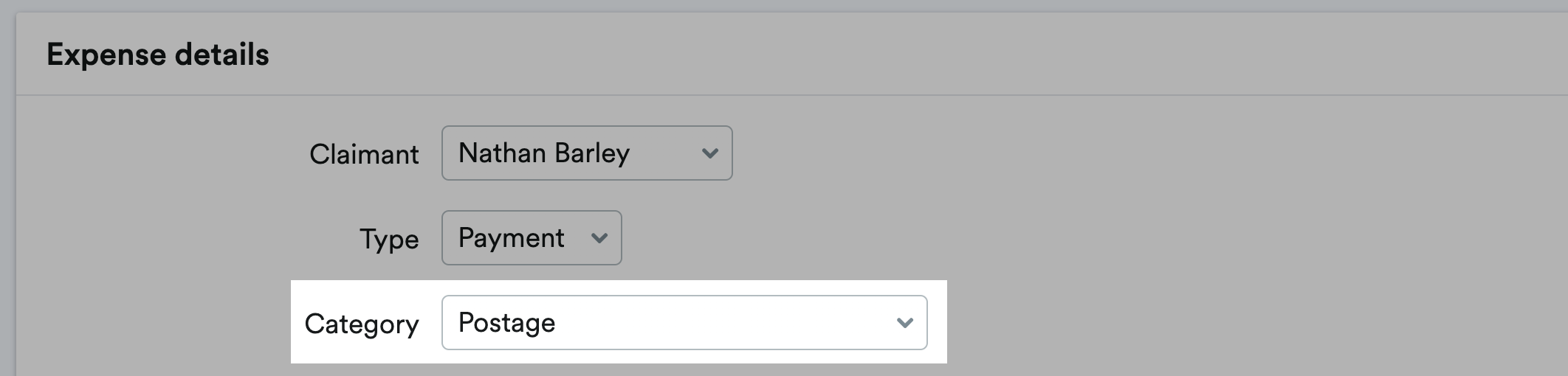 Expense details section with Postage selected as Category.