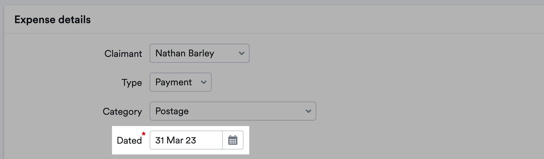 Expense details section with Date selected.