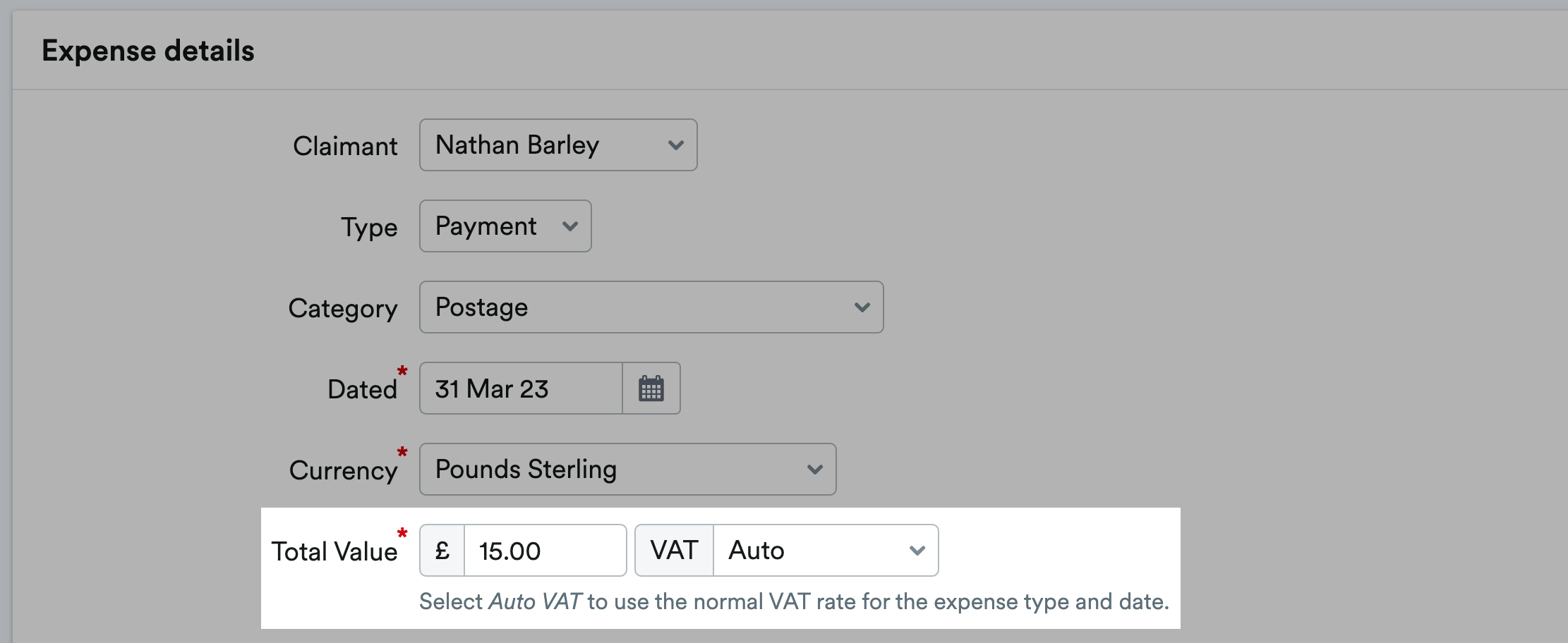 Example value amount and VAT rate selected.