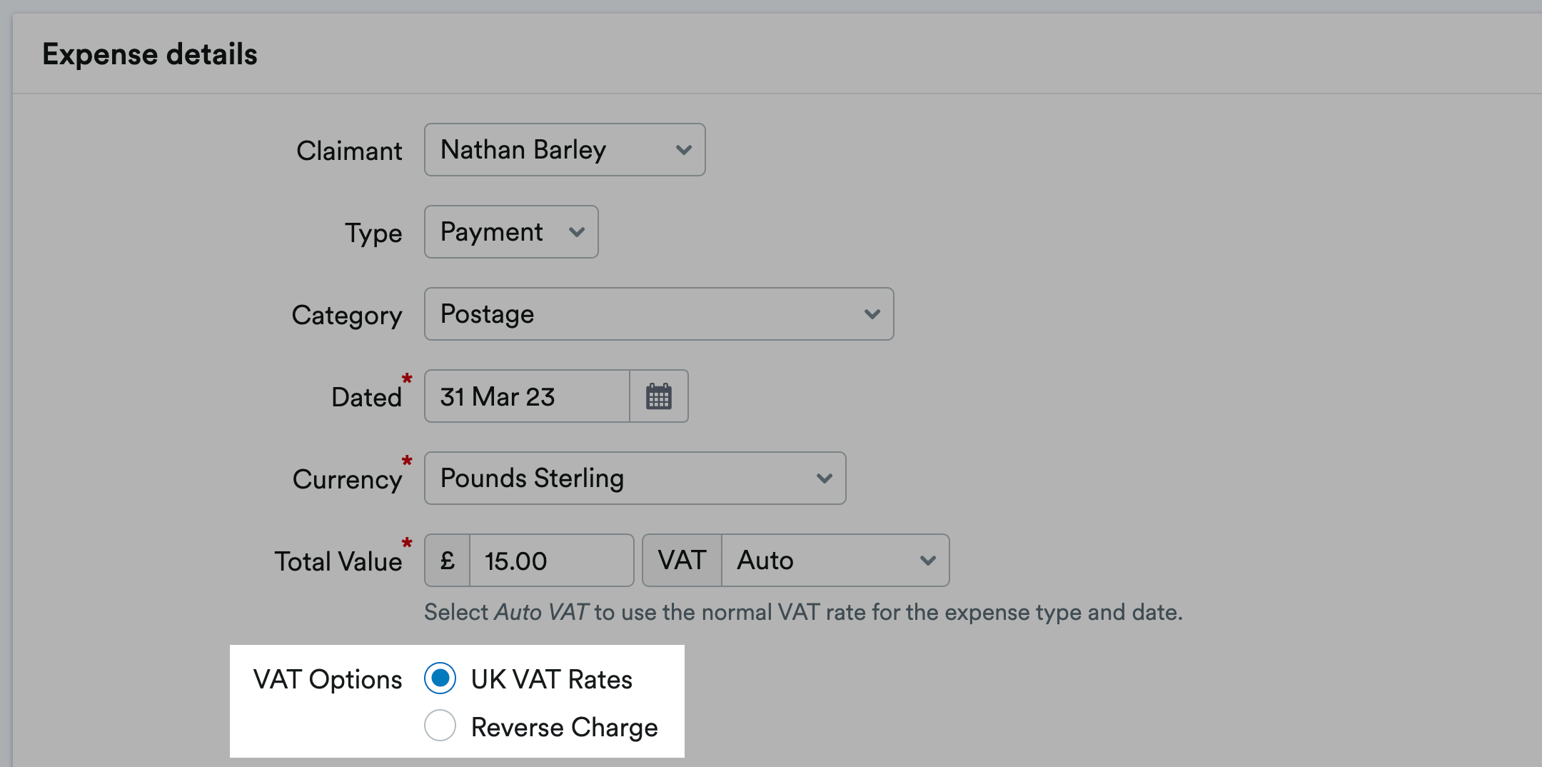 VAT Options with tick boxes for either UK VAT Rates, or Reverse Charge.