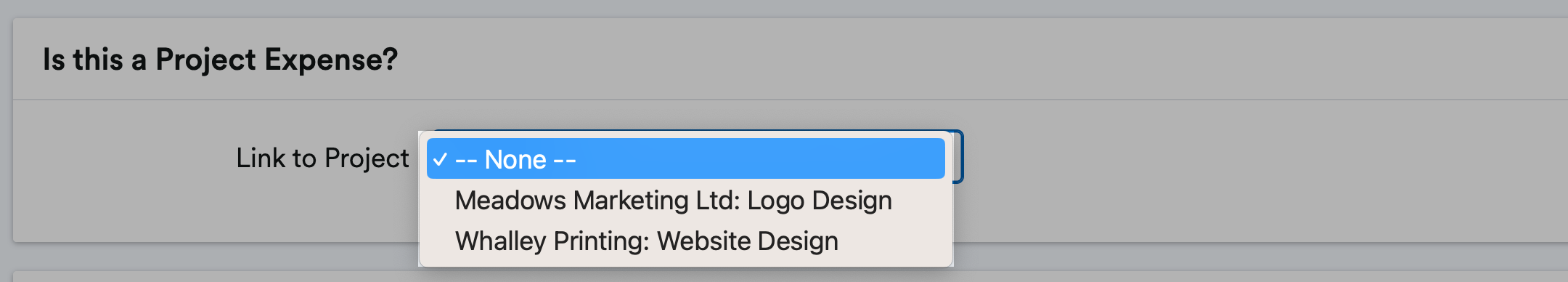 Projects listed in drop down menu.
