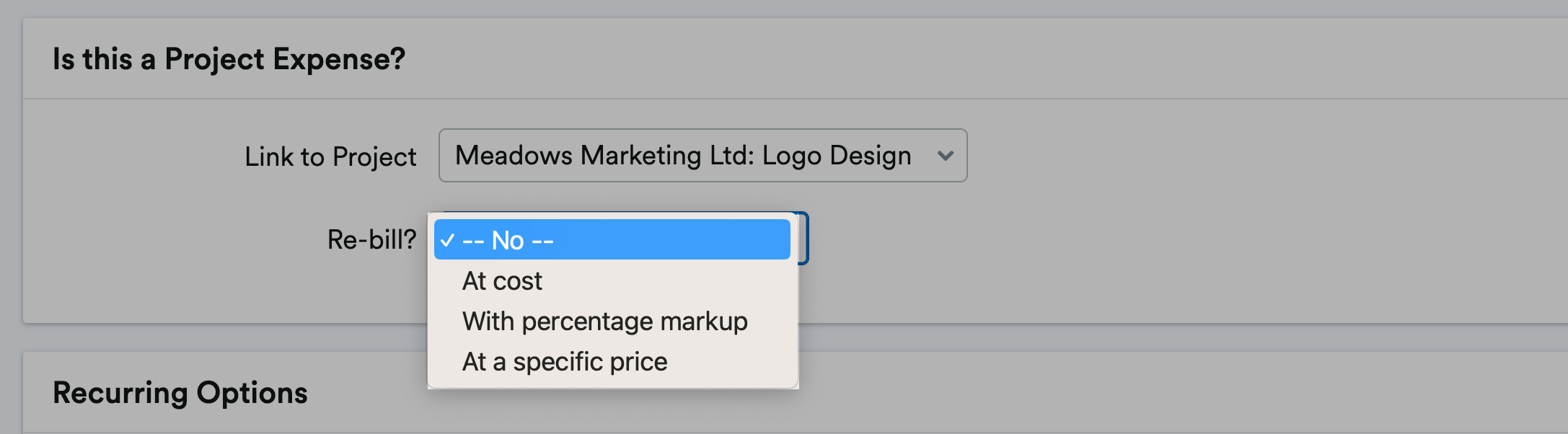 Re-billing options listed in drop-down menu.