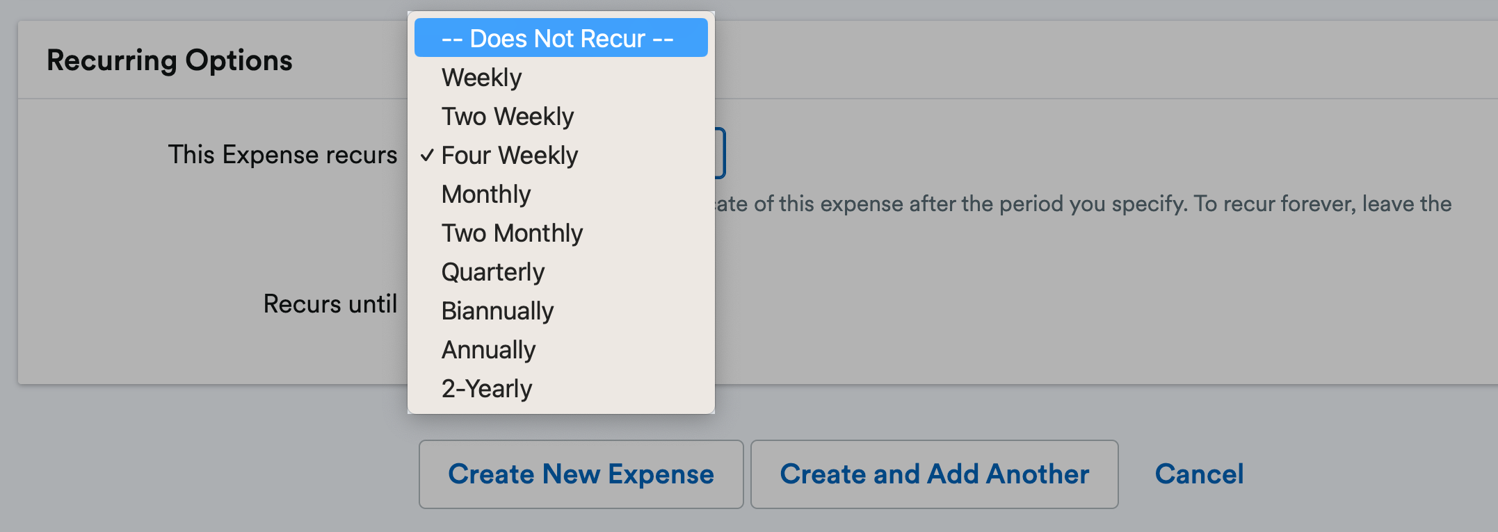 Recurrence options listed in drop down menu.