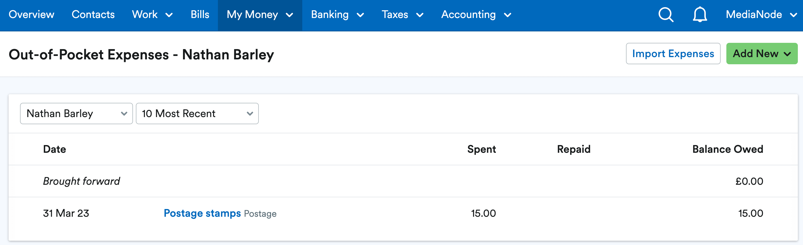 Out of pocket expense listed.