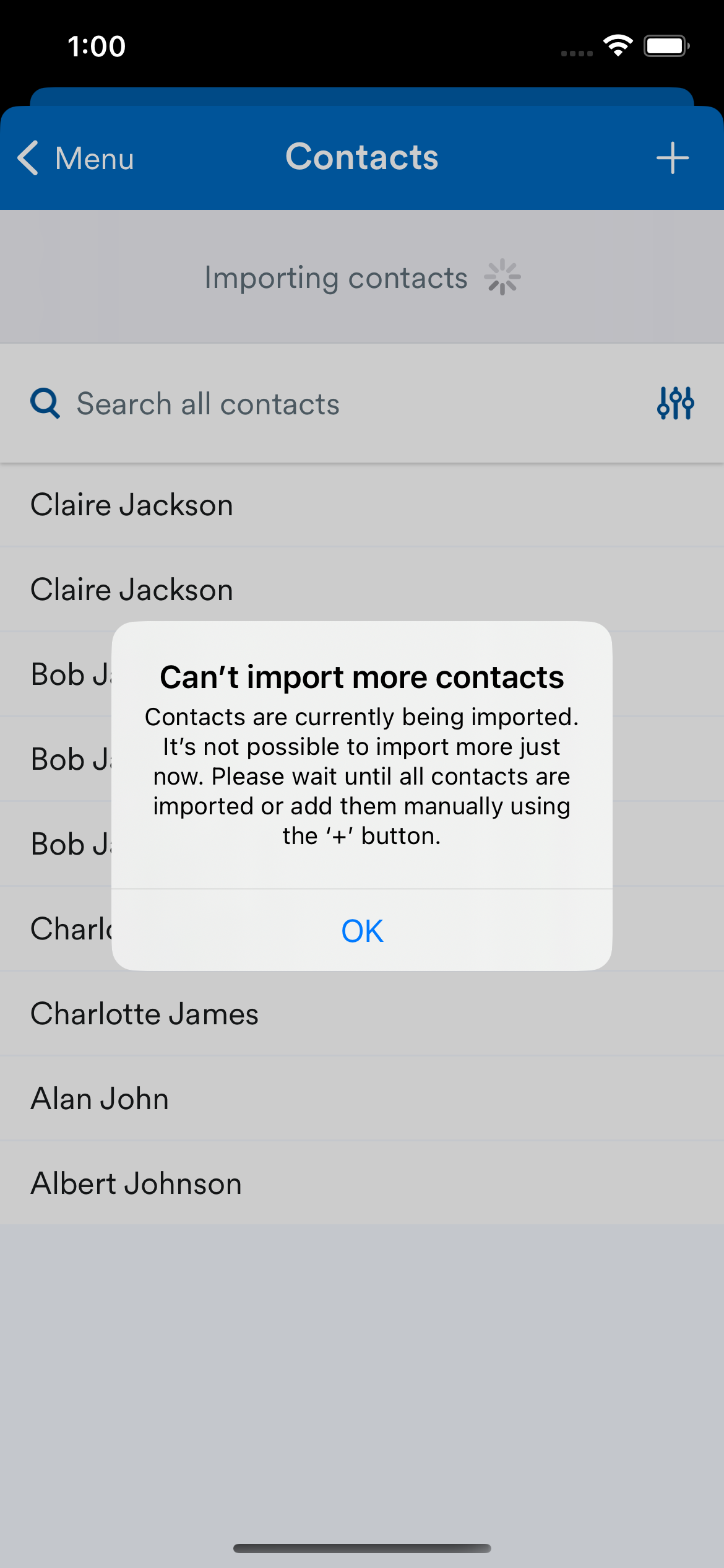 Pop up message saying that as contact are currently being imported, more contacts can't be imported.