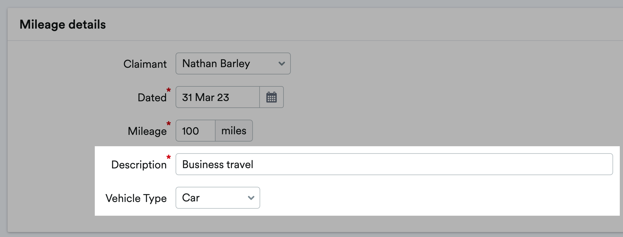 Description and vehicle type fields highlighted