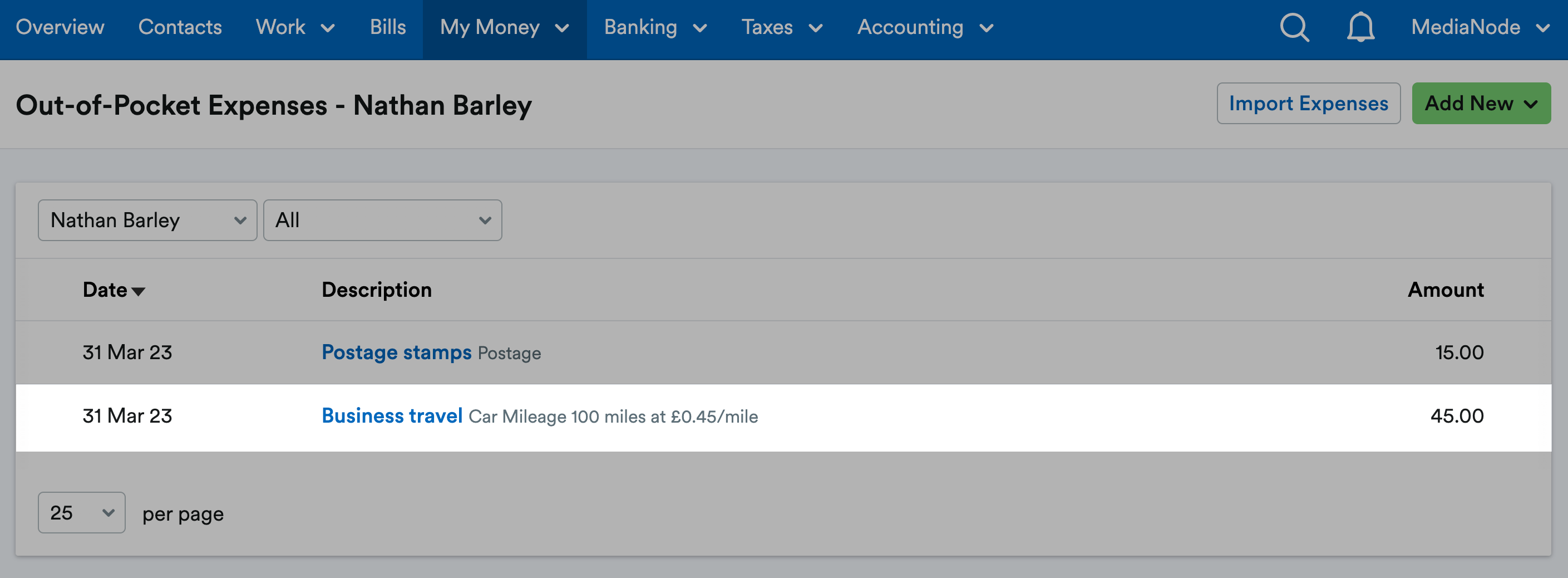 New mileage claiming showing in out of pocket expenses area