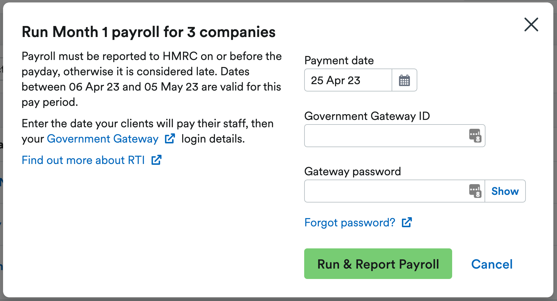 Pop up window to enter payment date, Government Gateway ID and Gateway password.
