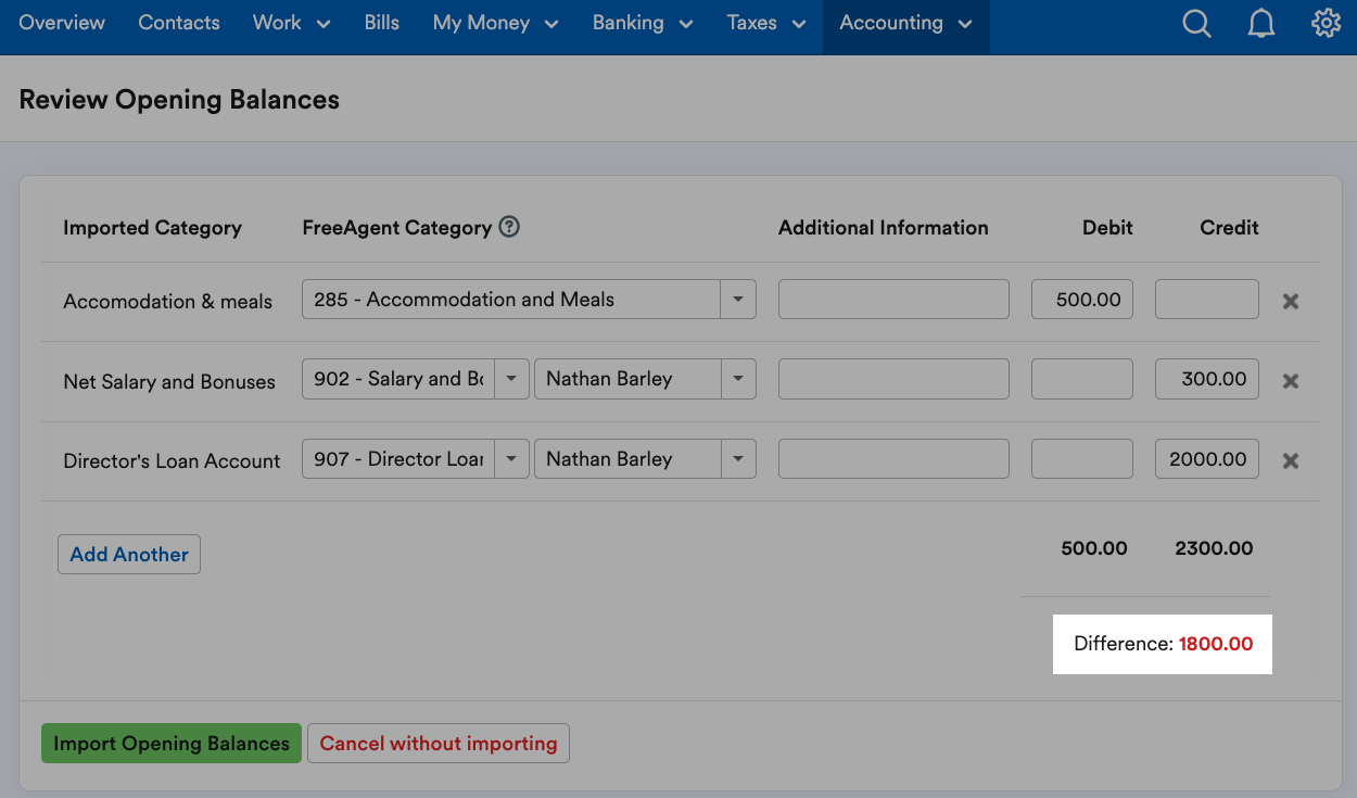 Openig balance Differences highlighted