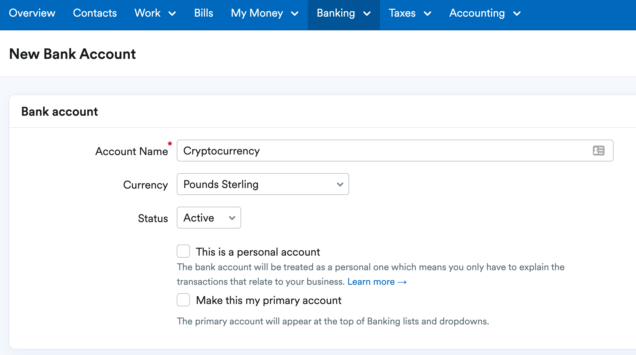 new bank account being added for cryptocurrency transactions
