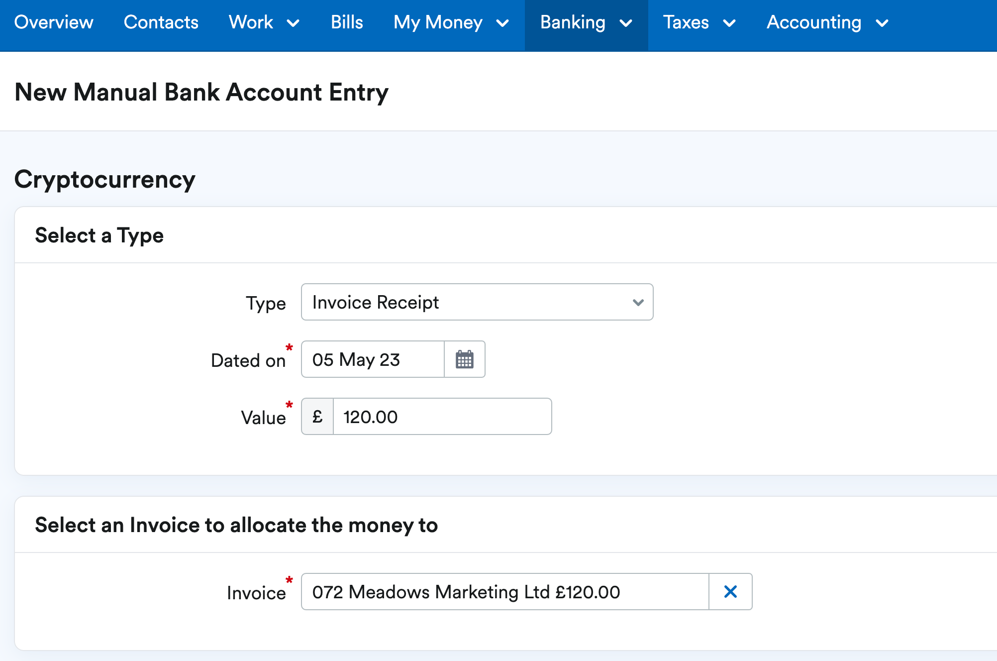 Manual bank transaction being added as an invoice receipt