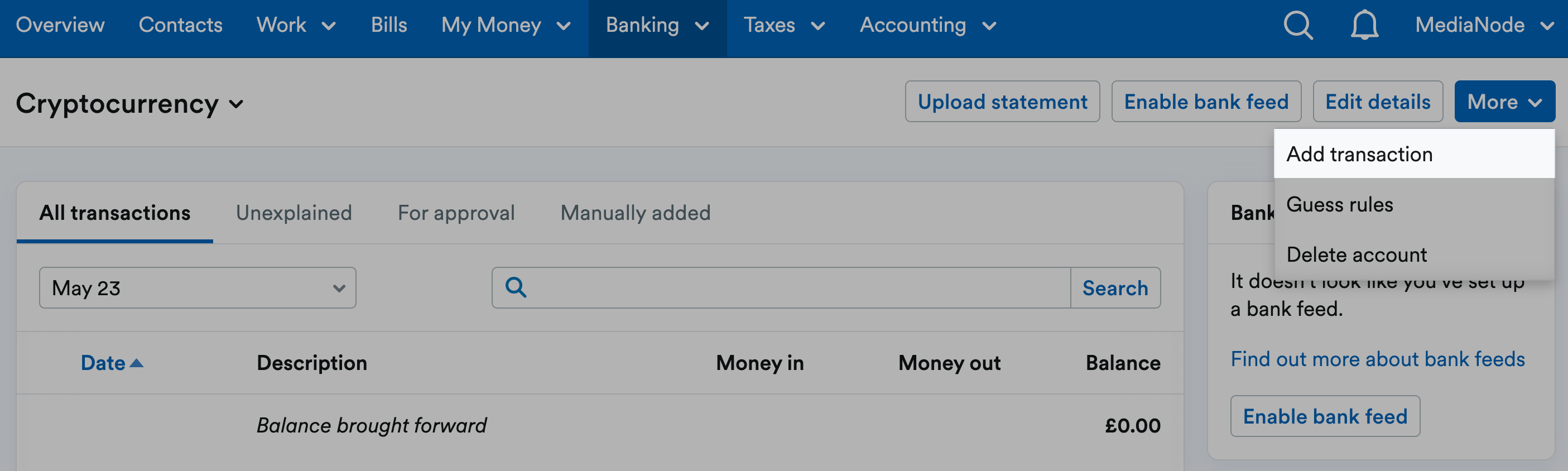 Bank account page with Add transaction highlighted from the More drop-down menu