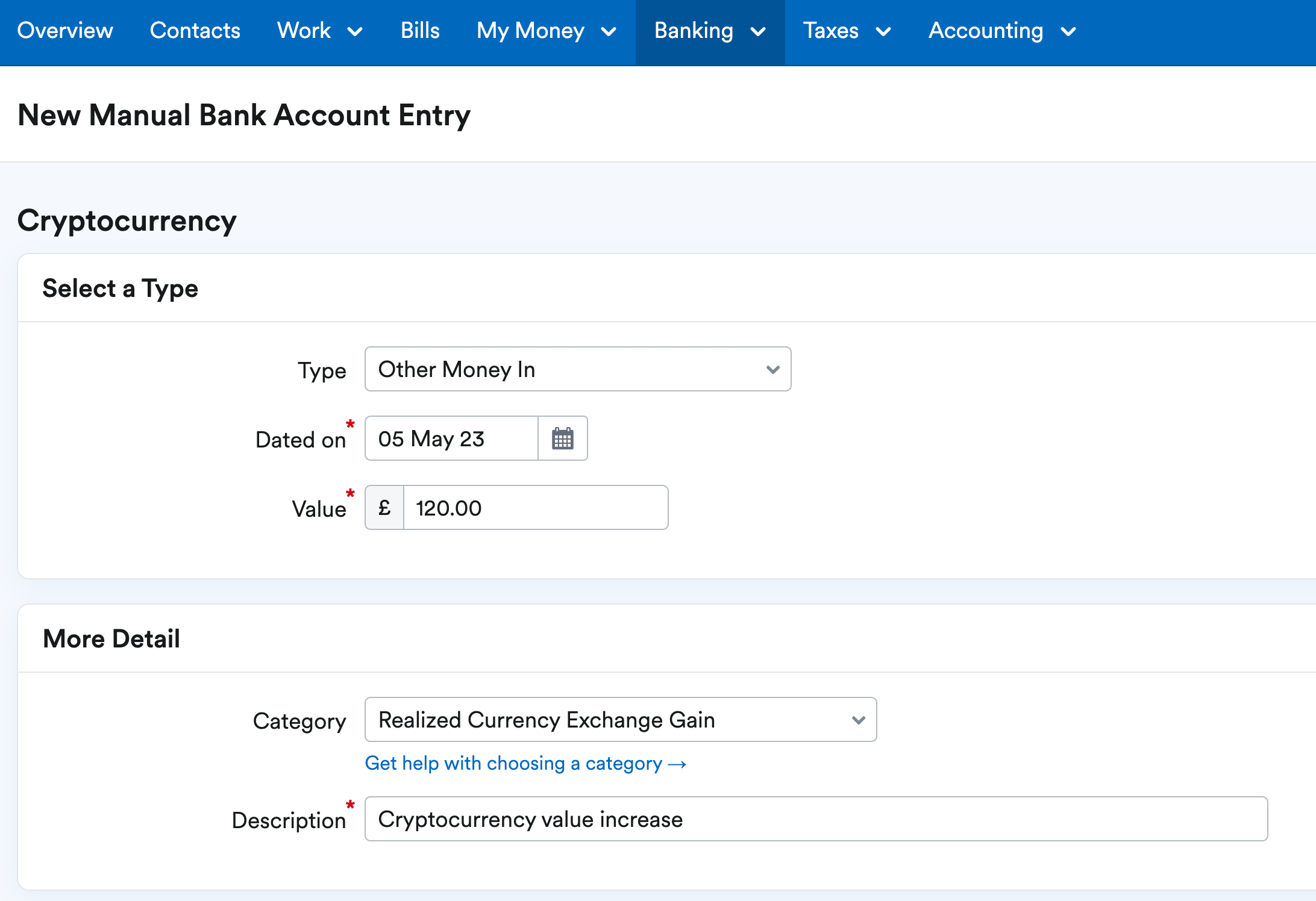 Manual bank transaction being added as other money in and realised currency exchange gain