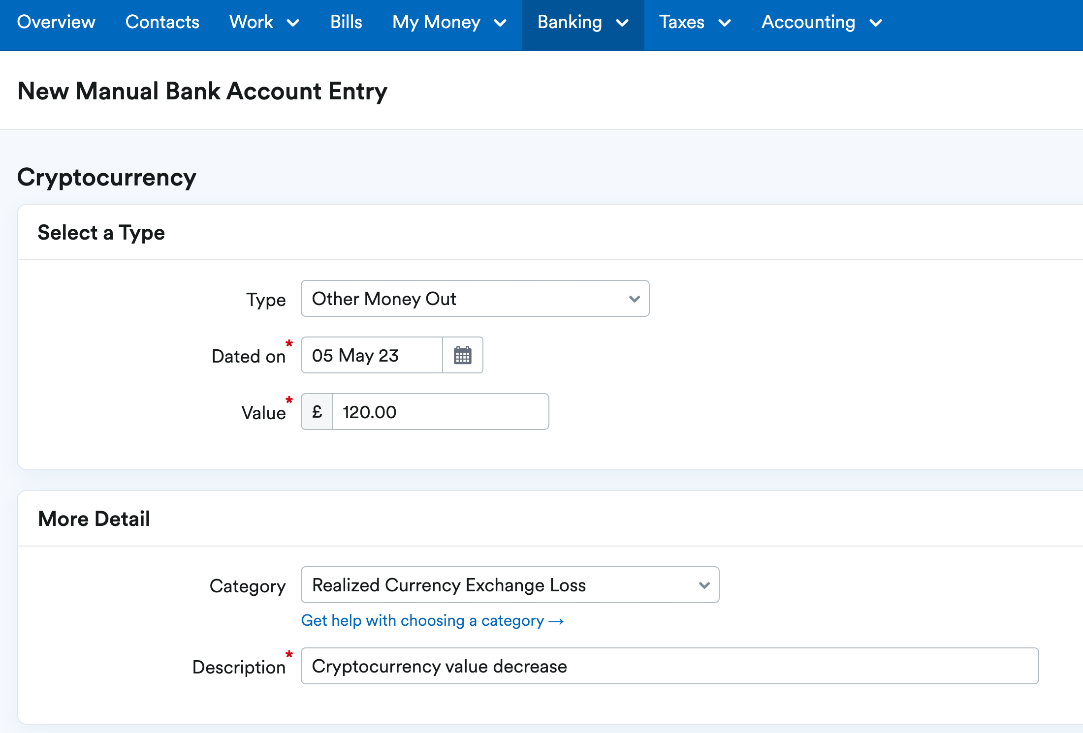 Manual bank transaction being added as other money out and realised currency exchange loss