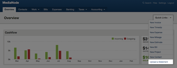 quick_link_upload FreeAgent overview screen - choosing upload a statement from the quick links menu