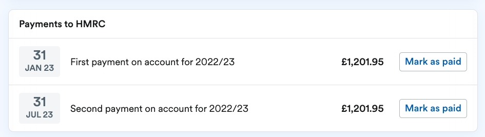 Example payments to HMRC dated and detailed from the bottom of an example Your Tax Breakdown page.