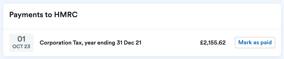 Mark as paid option shown next to a Corporation Tax return listing within the Tax Timeline.