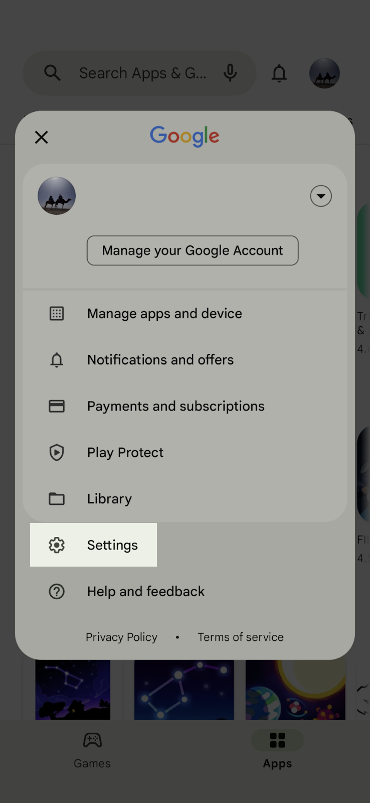 Android menu with settings highlighted