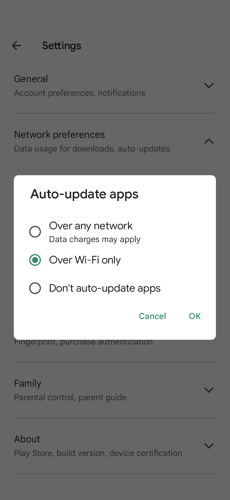 options for choosing how to auto update apps on Android