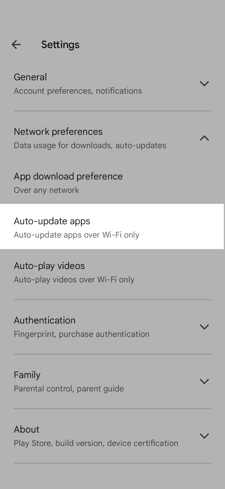 Auto update apps option highlighted in settings
