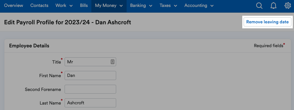 'Remove leaving date' button highlighted in Edit Payroll Profile page.