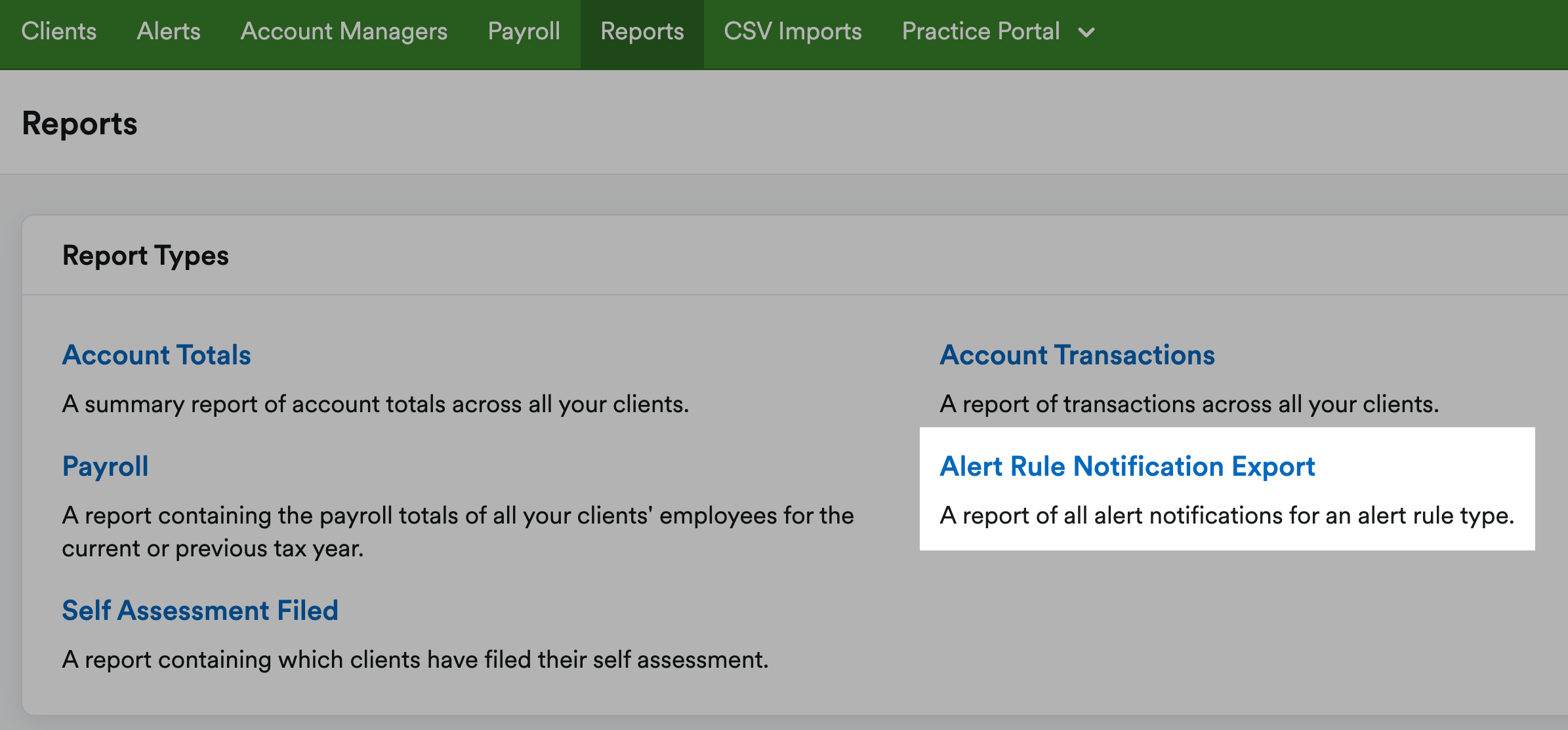 Reports section with alert rule notification export highlighted