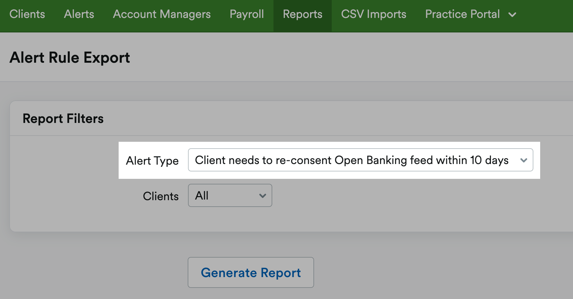 Alert type field highlighted in the Alert Rule Export page