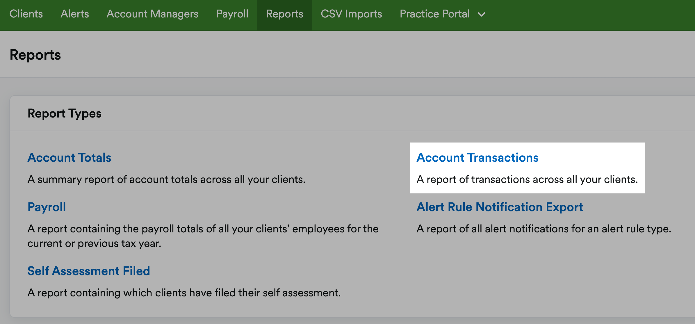 Reports page with Account Transactions highlighted