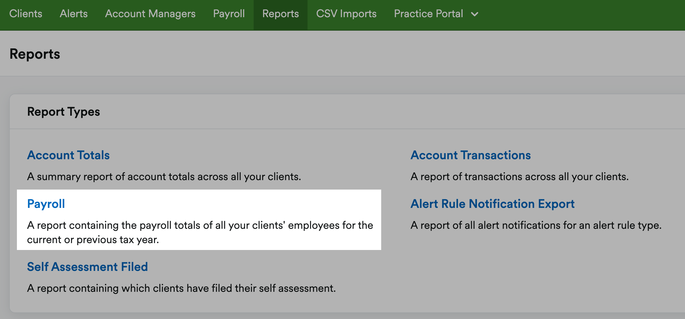 Reports section with Payroll highlighted