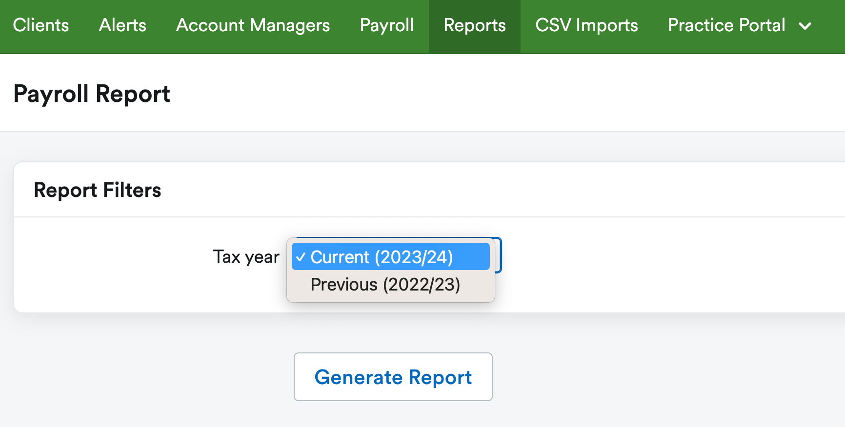 Payroll report tax year filter highlighted