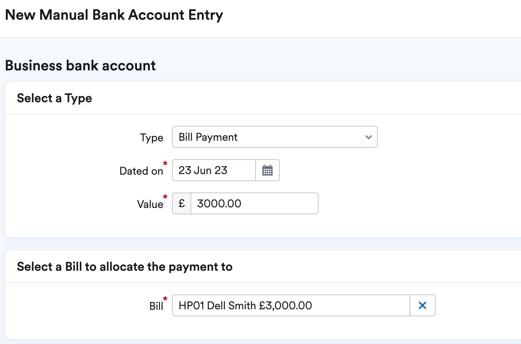 Manual transaction for bill payment