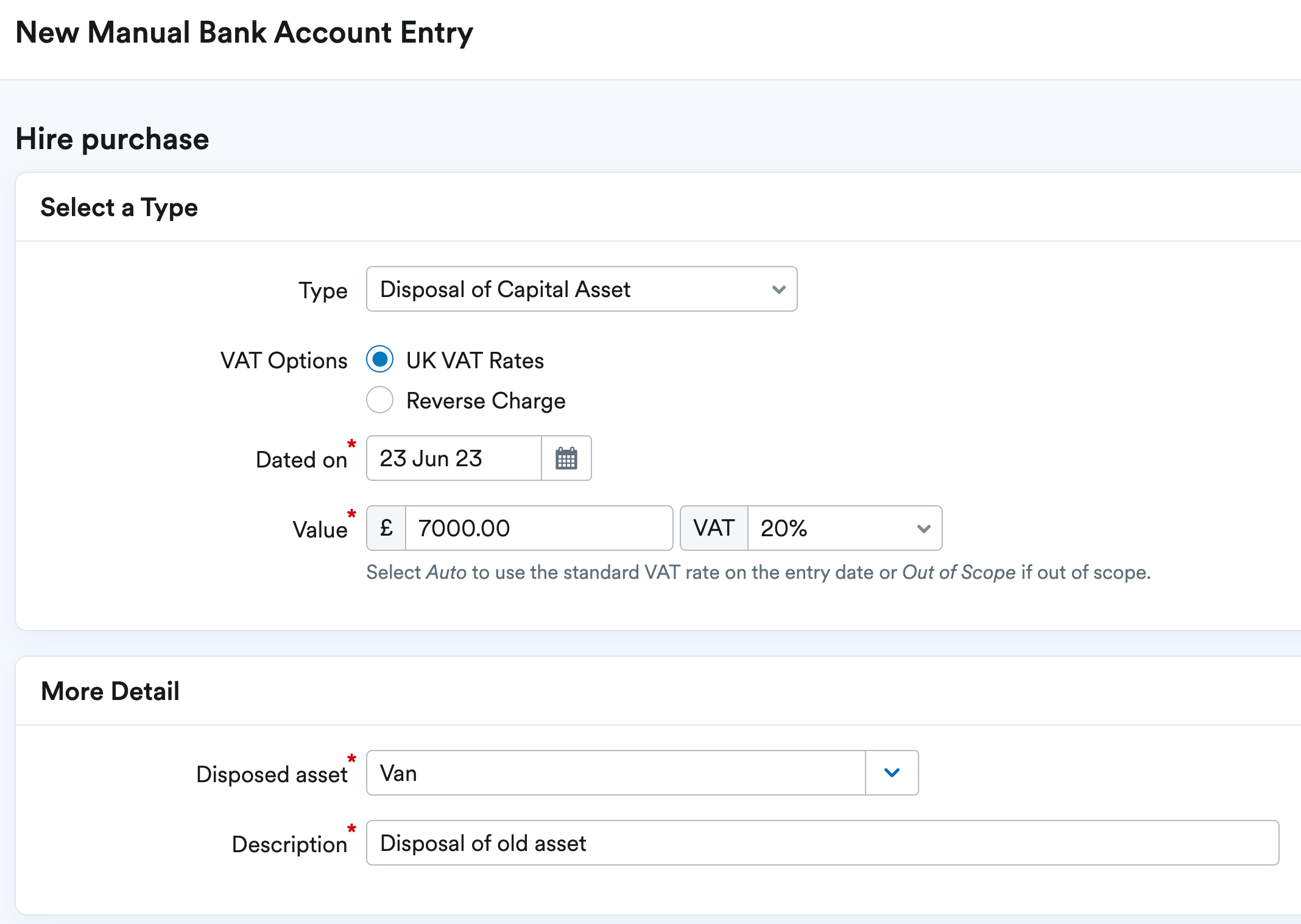 Manual bank transaction for disposal of old asset