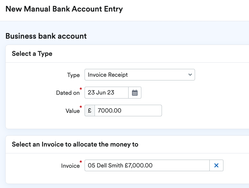 manual bank transaction for invoice payment