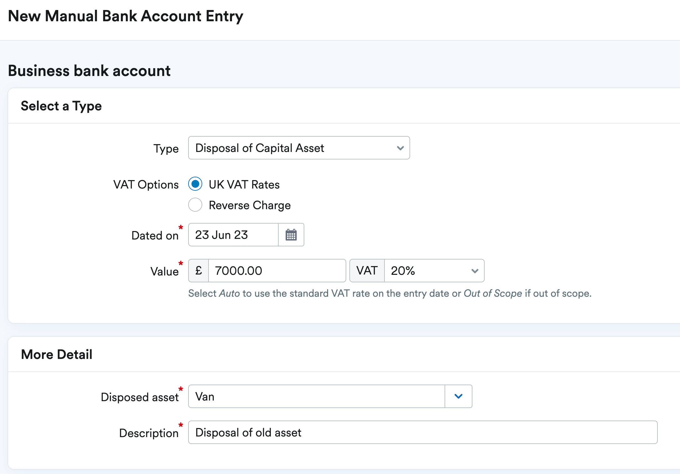 Manual bank transaction for disposal of old asset